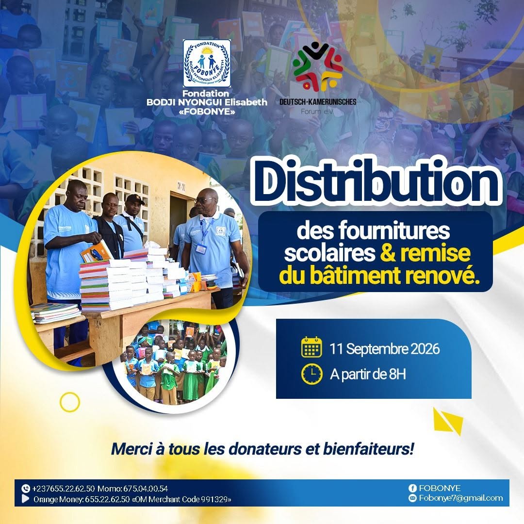 Affiche FOBONYE et Forum annonçant les fournitures scolaires et la remise du bâtiment rénové le 11 septembre 2026.
